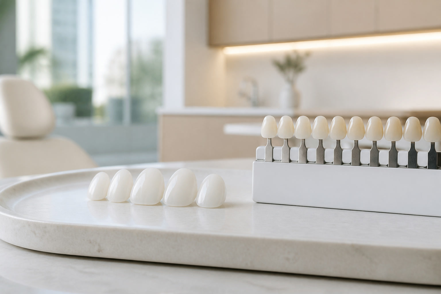 Porcelain veneers and a tooth shade guide prepared for restorative care
