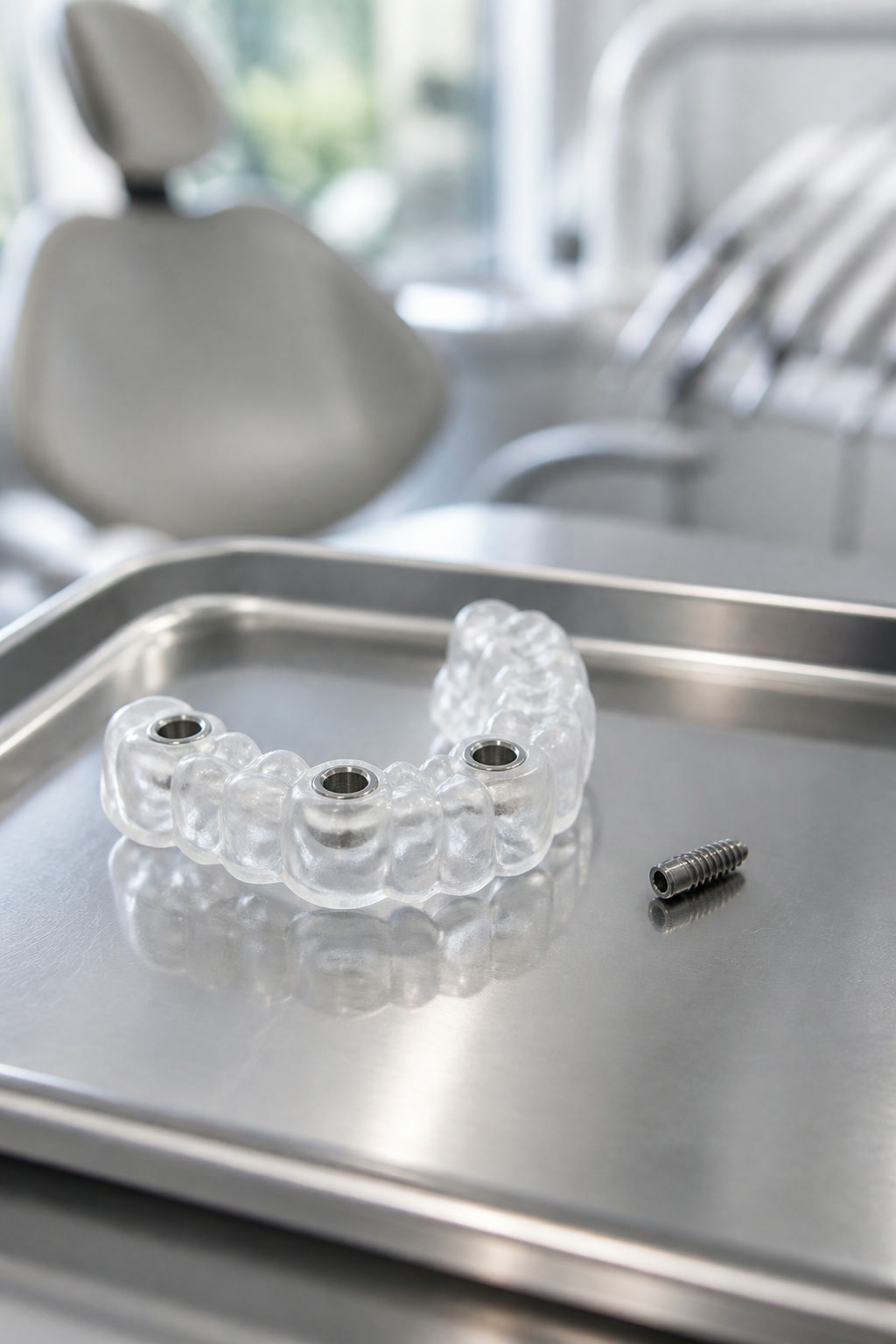 A surgical guide beside a titanium implant fixture